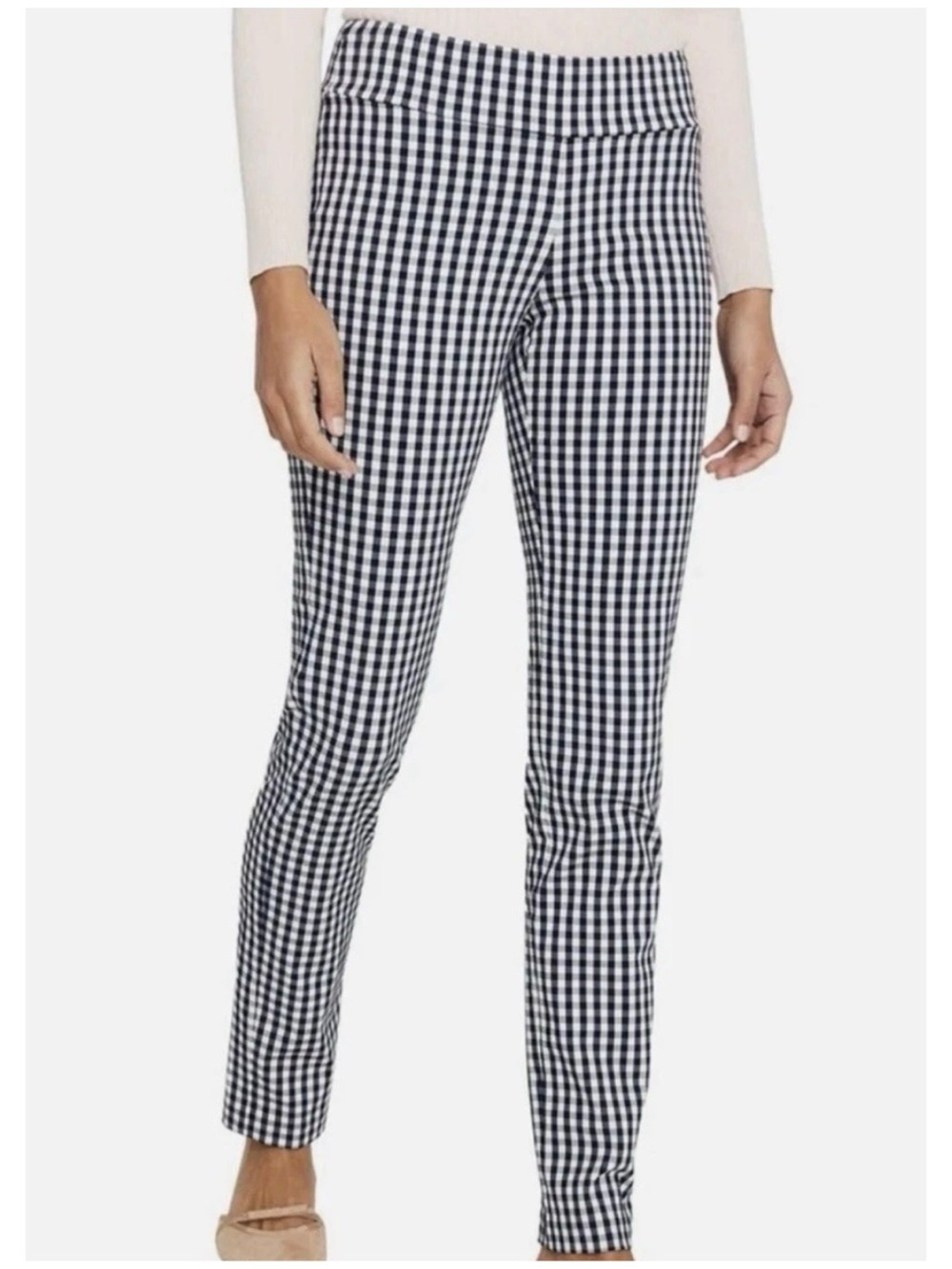 J. McLaughlin Women’s Sz 10 Navy Gingham Pull On Pants Straight Leg Stretch